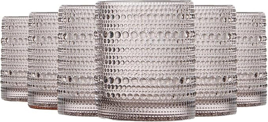Khen Beaded Tumbler Drinking Glasses Set | Set of 6 | Vintage Hobnail 11 OZ Bubble Design Whiskey Glassware, Old-Fashioned, Embossed Design Glass for Water, Wine, Cocktail HAND WASH ONLY (Grey) by Khen