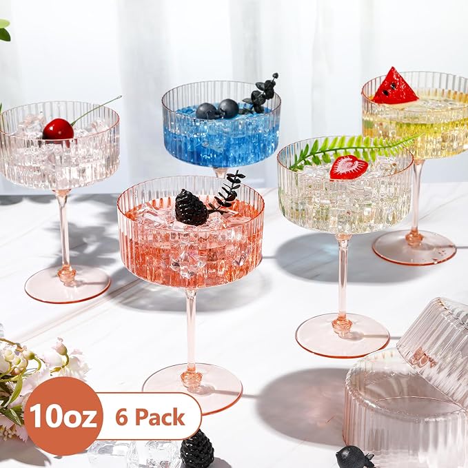Jingmore 6 Pcs Ribbed Martini Glasses 10 oz Disposable Plastic Vintage Ribbed Coupe Glasses Unbreakable Dessert Parfait Glassware for Wedding Birthday Party Supplies (Champagne Powder) - Image 3