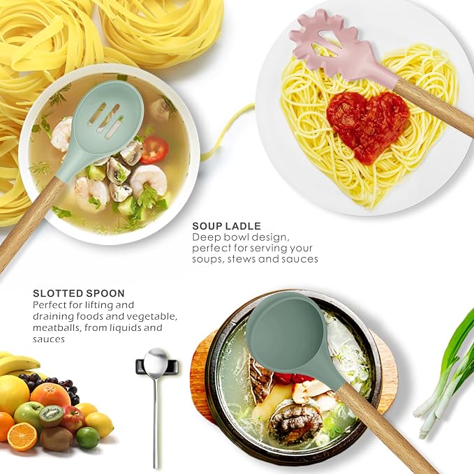 oannao Silicone Cooking Utensils Set - 446°F Heat Resistant Silicone Kitchen Utensils for Cooking,Kitchen Utensil Spatula Set w Wooden Handles, BPA FREE Gadgets for Non-Stick Cookware (Colorful) - Image 2