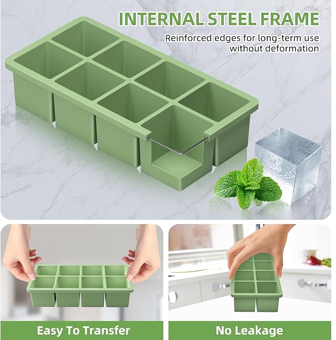 Large Ice Cube Molds, 2 Pack Easy Release Ice Trays for Freezer with Lid, Stackable Square Big Silicone Ice Cube Tray BPA Free Slow Melting for Bourbon Whiskey, Cocktails, Iced Coffee (Green)
