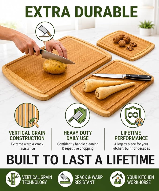 Greener Chef Luxury XL Bamboo Cutting Board Set of 3 with Vertical Grain Strength Technology - Extra Large Wood Cutting Boards for Kitchen and Lightweight Chopping Board Set - Replacements for Life - Image 4