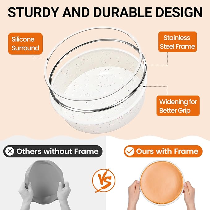 CAKETIME 8 Inch Silicone Round Cake Pan with Metal Reinforced Frame Set of 2, Non-stick & BPA Free, Even Heat Distribution, Stackable & Dishwasher Safe - Image 3