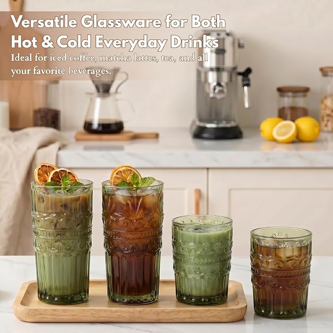 Green Drinking Glasses Set of 12, 12 Oz Highball & 10 Oz Cocktail Glasses, Green Kitchen Vintage Glassware Set, Floral Embossed Glass Tumbler Cups for Beer, Juice, Whiskey, Coffee(Crown) - Image 4