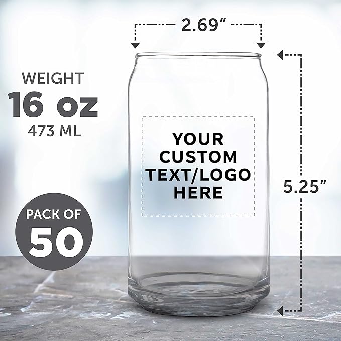 Custom Beer Can Glasses Set of 50, 16 oz. Pint Sized, Promotional Text, Logo, Soda Can Shape, Glassware, Clear