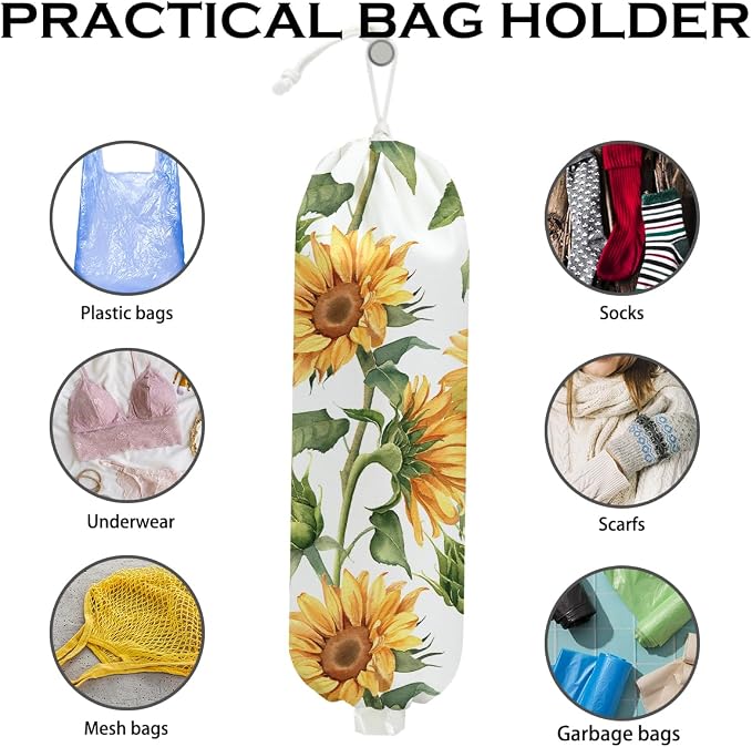 Sunflower Plastic Bag Holder for Kitchen Essentials, Wall Mount Grocery Bag Holder for Plastic Bags, Sunflower Reusable Shopping Bags Storage Dispenser for Home Kitchen Pantry, 22.5x9 Inch - Image 3