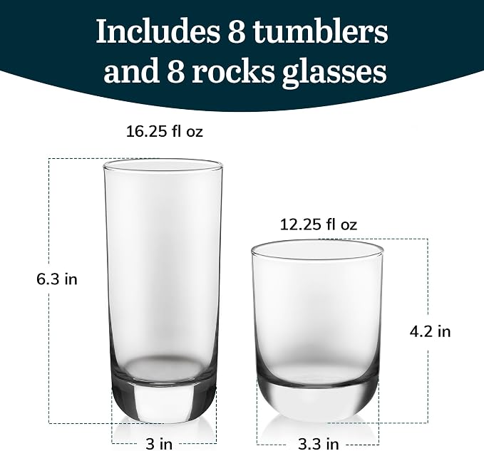 Polaris Tumbler & Rocks Drinking Glasses Set of 16, Clear Glass Cups | 16.25 oz and 12.25 oz Capacities for Water, Juice, Cocktails, and More with Dishwasher-Safe Convenience for Easy Cleanup - Image 4