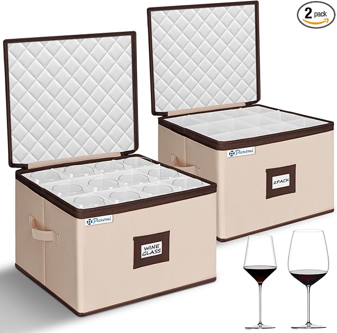 punemi Wine Glass Storage Box, 2-Pack Hard Shell Case with Padded Dividers | Hard shell support with dustproof lid and padded dividers, stackable for wine glasses, stemware and goblets, beige Set of 12 by Punemi