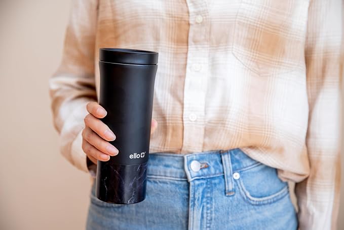 Ello Miri 16oz Insulated Stainless Steel Travel Mug with Slider Lid, Black Marble - Image 2