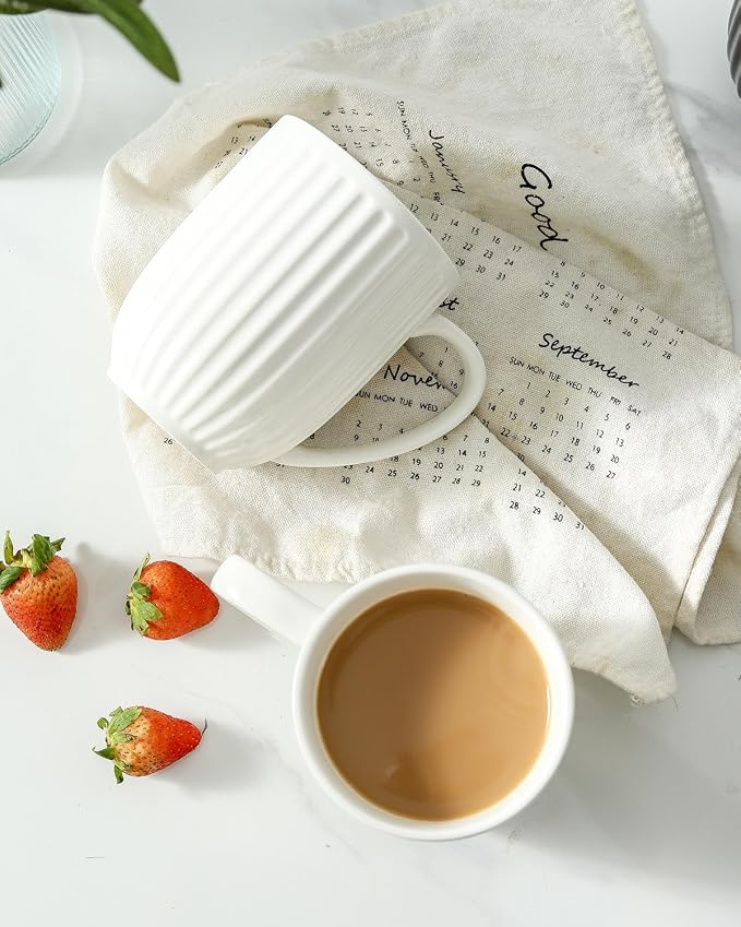 HASENSE Ceramic Coffee Mugs Set of 6, 16 Oz Large Ribbed Coffee Cups with Big Handle, Unique Modern Style White Latte Mugs for Tea,Cocoa,Milk,Cappuccino, Microwave & Dishwasher Safe - Image 6