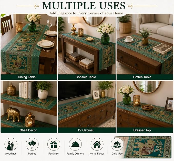 Indian Handmade Elephant Design Table Runner.Traditional Decorative Ethnic Kitchen Table Cloth for Wedding Bridal Birthday Party Decorations. 60 X 16 Green and Golden Color - Image 4