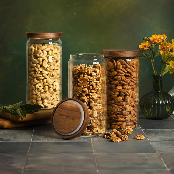 Ribbed Glass Jar with Wooden Lid 16.9oz / 27oz | Airtight Fluted Storage Container for Food, Pasta, Coffee, Candy, Dog Treats, Snacks | Canisters for Home & Kitchen (44 fl.oz / 1300ml -3X) - Image 8