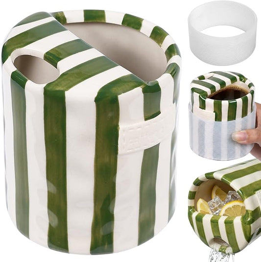 Ceramic Coffee Mug with Sip Hole Striped Travel Espresso Cup with Sleeve | Retro Hand-Painted Multiple Use, Microwave & Dishwasher Safe for Coffee Lovers(Green) by Yodamiack