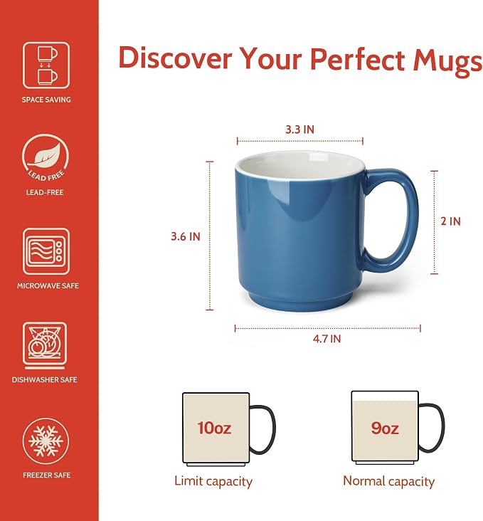 Sweese Stackable Coffee Mugs - 10 Oz Porcelain Cups for Specialty Coffee Drinks, Cappuccino, Cafe Mocha, Latte and tea, Set of 6, Cool Assorted Colors - Image 2