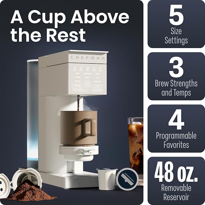 Chefman Caffeinator Single Serve Coffee Maker, Brew Kcups & Grounds, Drip Coffee Machine with Brew Strength Settings, Iced Coffee Function, 45 oz. Removable Water Reservoir - Image 3