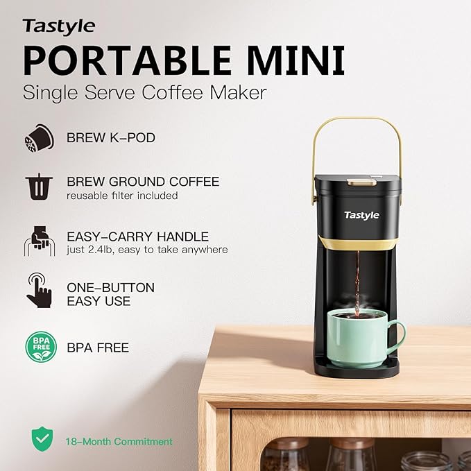 Tastyle Mini Single Serve Coffee Maker for K Cups and Grounds with Handle | for Travel, Camping, Office, RV and Dorm, Portable Handle, 120V, 6 to 12 Oz Brew Size, BPA Free, K302, Black and Gold - Image 2