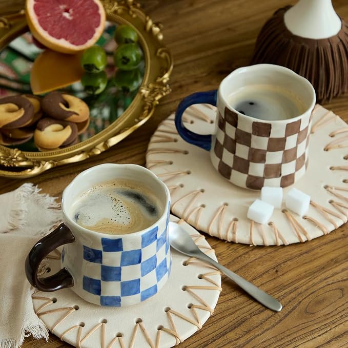 Retro Checkered Ceramic Coffee Mug 16Oz - Extra Large Handle, Microwave Safe Vintage Patterned Tea Cup for Home, Office Brown and White Checkered Pattern, Blue Handle - Image 5