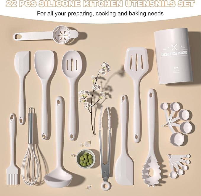 Kitchen Utensils Set, Umite Chef 22Pcs Silicone Cooking Utensils Set, Heat Resistant Silicone Kitchen Spatulas Set with Holder, White Cooking Gadgets Tools Set for Nonstick Cookware, Dishwasher Safe - Image 5