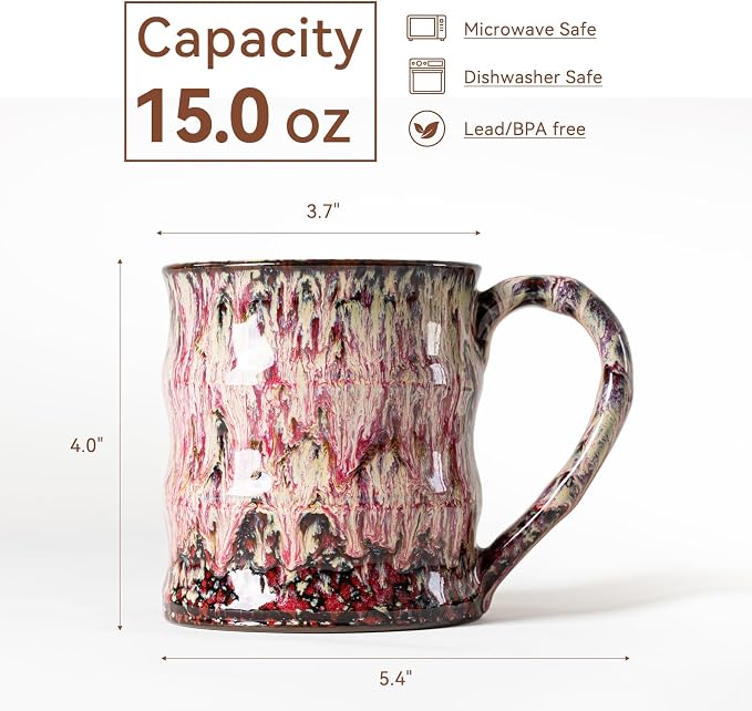 Unique Reactive Glaze Ceramic Coffee Mug - 15 oz Large Coffee Cup with Ergonomic Handle, Handmade Lava Red Ceramic Mug for Office & Home, Great Birthday Gift for Women, Men & Friends, Microwave Safe - Image 3
