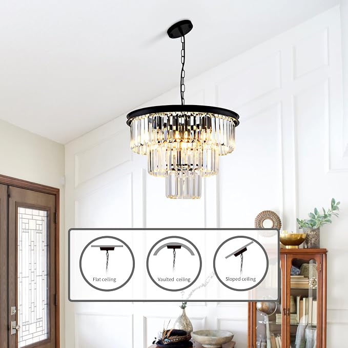 8 Light Modern Crystal Chandelier 20'' Black Chandeliers for Dining Room Contemporary Pendant Light Fixture Round 3-Tier Adjustable Height E12 for Living Room, Foyer, Entryway, Bedroom - Image 7