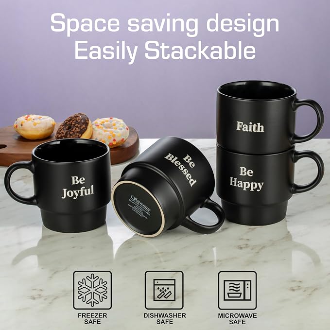 Signature Housewares Stackable Coffee Mug Tower Set with Metal Wire Rack - 15 Ounce Coffee Mugs for Coffee, Tea, Cocoa, Milk, Cappuccino, Hot Chocolate Set of 4 - Be Happy Matte Black - Image 5