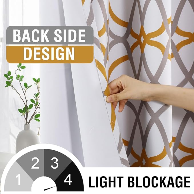 H.VERSAILTEX Blackout Curtains Printed Design 96 Inch Length 2 Panels Set Thermal Insulated Curtains for Bedroom Living Room Geometric Modern Grommet Window Drapes - Mustard and Grey - Image 3