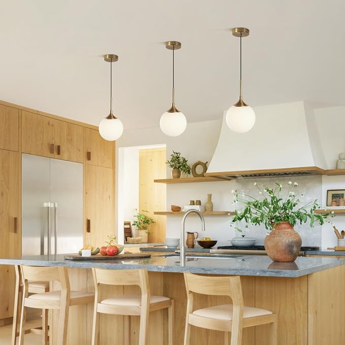 KCO Lighting 7” Small Milk Glass Pendant Light Gold Globe Kitchen Pendant Lights Vintage White Glass Hanging Light Fixture Mid Century Modern Dining Room Ceiling Light Fixture (2 Pack) - Image 7