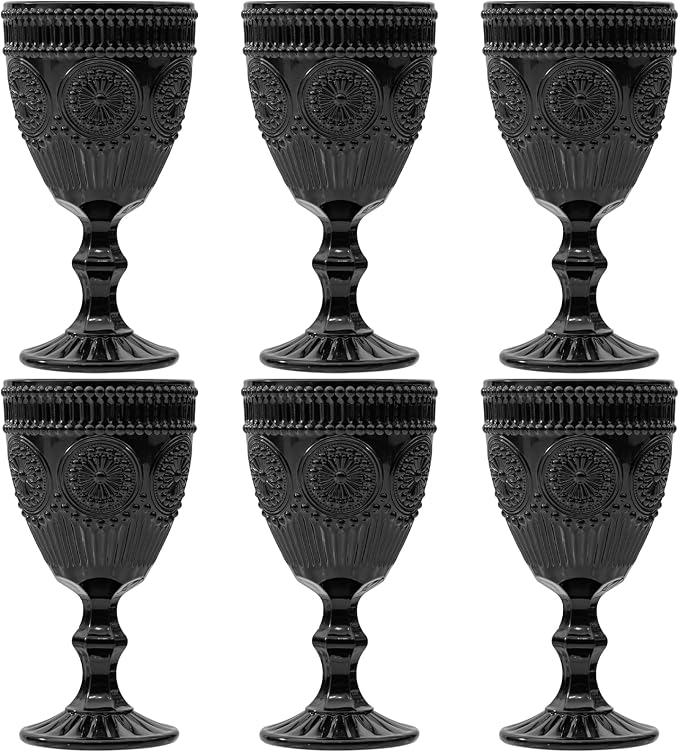 Black Vintage Wine Glasses Set of 6, 10 Ounces Colored Glass Water Goblets, Unique Floral Embossed Pattern High Clear Stemmed Glassware Wedding Party Bar Drinking Cups Fancy Glasses Hand Wash Only by XKXKKE