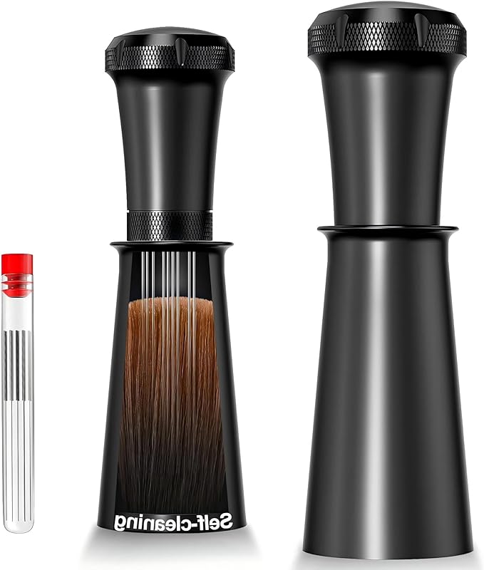 WDT Espresso Distribution Tool - Espresso Accessories with Built-in Cleaning Brush - Espresso Stirrer Tools- 0.35mm 7 Needle Distributor and Extra 7 Needles - Aluminum Handle with Stand