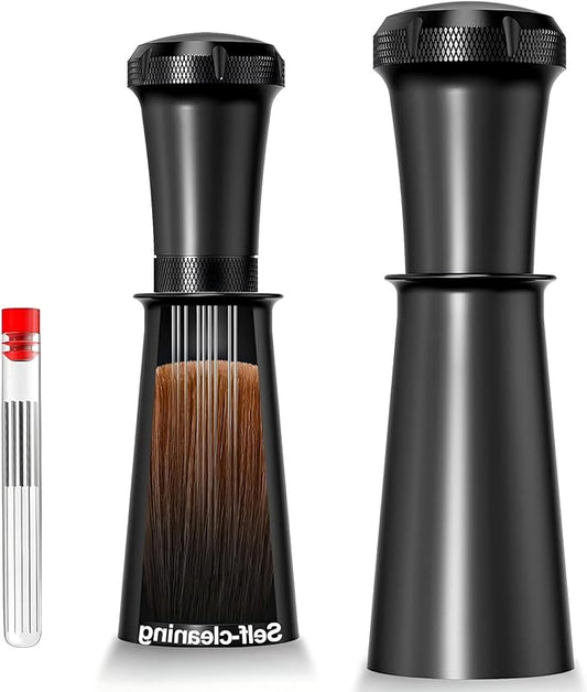 WDT Espresso Distribution Tool - Espresso Accessories with Built-in Cleaning Brush - Espresso Stirrer Tools- 0.35mm 7 Needle Distributor and Extra 7 Needles - Aluminum Handle with Stand