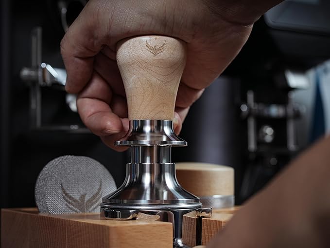 Spring Loaded 54mm Espresso Tamper Compatible With Breville Machines Maple Handle, Auto-Leveling Calibrated With Stainless Steel Ripple Base 30LB Coffee Tamper