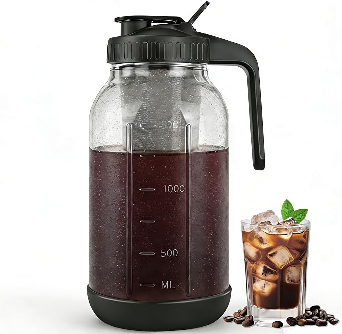 Cold Brew Coffee Maker, 64oz Mason Jar Pitcher with Stainless Steel Filter, Sealed, Leak-Proof Lid with Pour Spout & Handle, Heavy Duty Glass Iced Coffee Tea Brewer with Non-Slip Silicone Base-Black by QHH