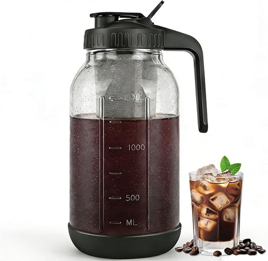 Cold Brew Coffee Maker, 64oz Mason Jar Pitcher with Stainless Steel Filter, Sealed, Leak-Proof Lid with Pour Spout & Handle, Heavy Duty Glass Iced Coffee Tea Brewer with Non-Slip Silicone Base-Black by QHH