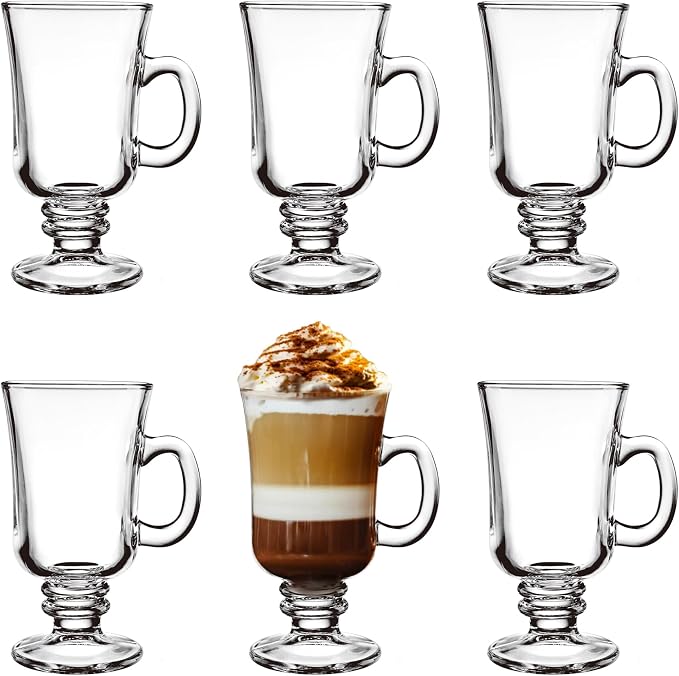 Glass Coffee Cups - 8 Oz Irish Coffee Mugs Set of 6 | Glass Cups with Handle, Footed Clear Cappuccino Cup, for Hot Cold Beverages, Lead-free, BPA free by binsakao