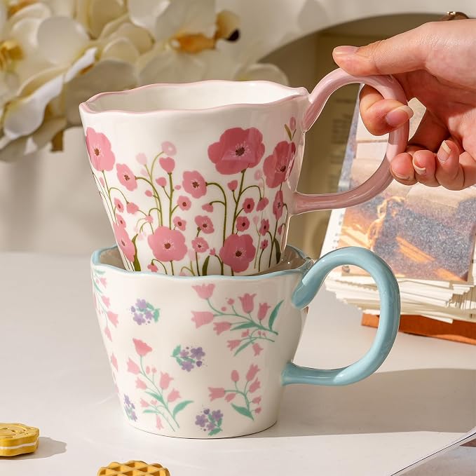 Cute Floral Coffee Mug Set of 4-12oz Ceramic Flower Embossed Cups with Petal Handles, Dishwasher and Microwave Safe - Image 6