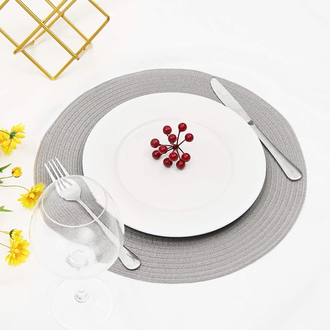 SHACOS Round Braided Placemats Set of 6 Thick Fabric Circle Grey Place Mats Woven Table Mats for Dining Tables 15 inch (Gray, 6) - Image 8