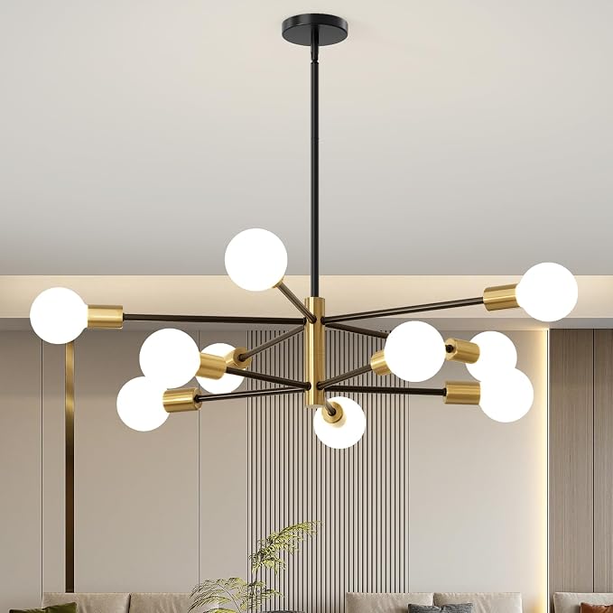 Sputnik Chandeliers Moderna Light Fixture, 10 Lights Black and Gold Mid Century Ceiling Chandelier, Height Adjustable for Living Room, Kitchen, Dining Room, Bedroom,Foyer by Unknown