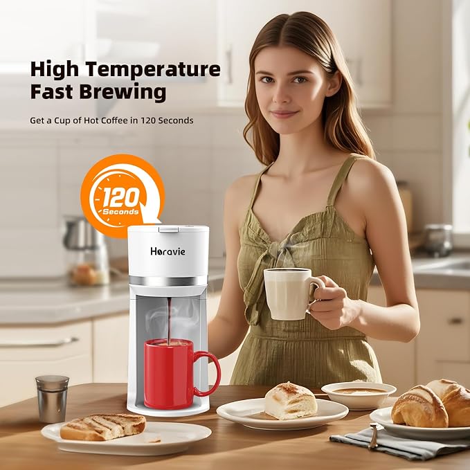 Horavie Mini Single Serve Coffee Maker for K-Cup Pod and Ground Coffee, Fast Brew One Cup Coffee Machine with Descaling Reminder and Viewing Tank, 6 to 12 oz. Brew Sizes, White - Image 2