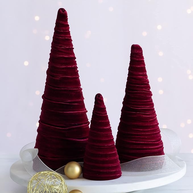 Your Heart's Content Set of 3 Burgundy Velvet Trees, Luxurious Handcrafted Home Decor, Valentine Tabletop Tree, Bookshelf Office, Winter Mantel Accents, Elegant Charm Gift for (Burgundy) - Image 6