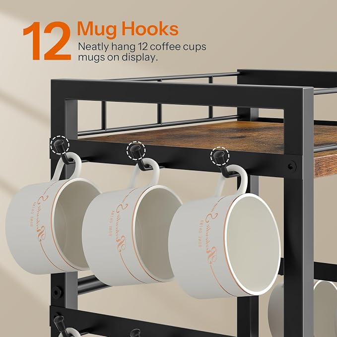 HOOBRO Coffee Mug Cup Holder, Tree Bar Station Organizer for Countertop, 12 Hooks Mug Stand Rack with Sliding Drawer for 30 K-Cup Pods, 2 Tier Mug Display Stand, Rustic Brown and Black BF11TL01 - Image 8