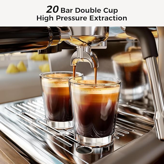 Kismile Espresso Machine with Grinder, 20 Bar Automatic Espresso Maker with Milk Frother Steam Wand, Removable Water Tank for Latte & Cappuccino, Professional Coffee Machine for Home