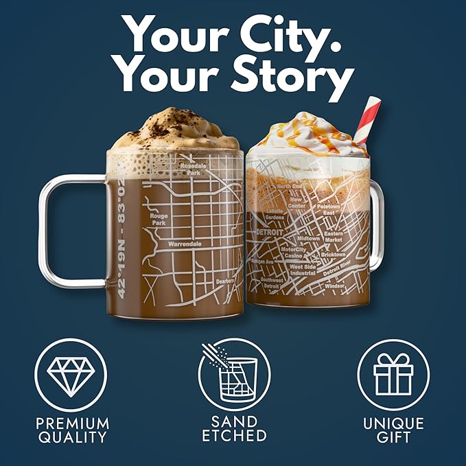 Greenline Goods – Detroit, MI Map Glass Coffee Mugs (Set of 2), 16 oz – Etched Wrap Design