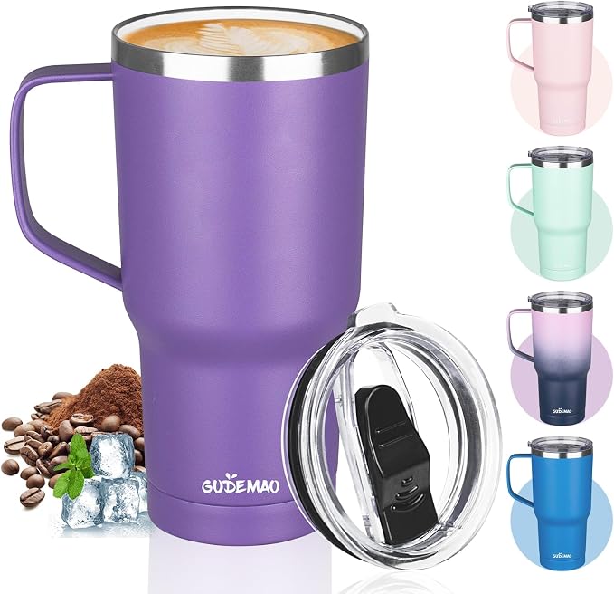 20 oz Insulated Coffee Mug with Ceramic Coating, Stainless Steel Travel Mug Tumbler with Handle Lid and Straw, Double Wall Leak-Proof Coffee Travel Mug Keeps Drink Hot and Cold (Purple) by GUDEMAO