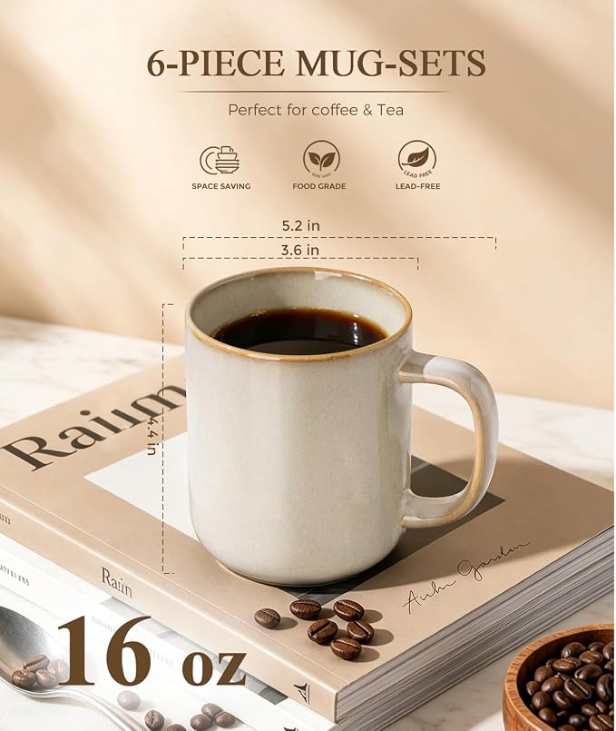 GBhome Large Coffee Mugs Set of 6, 16oz Handmade Coffee Mugs Set with Large Handle for Cappuccino/Latte/Tea/Hot Cocoa, Dishwasher & Microwave Safe-Cappuccino - Image 2