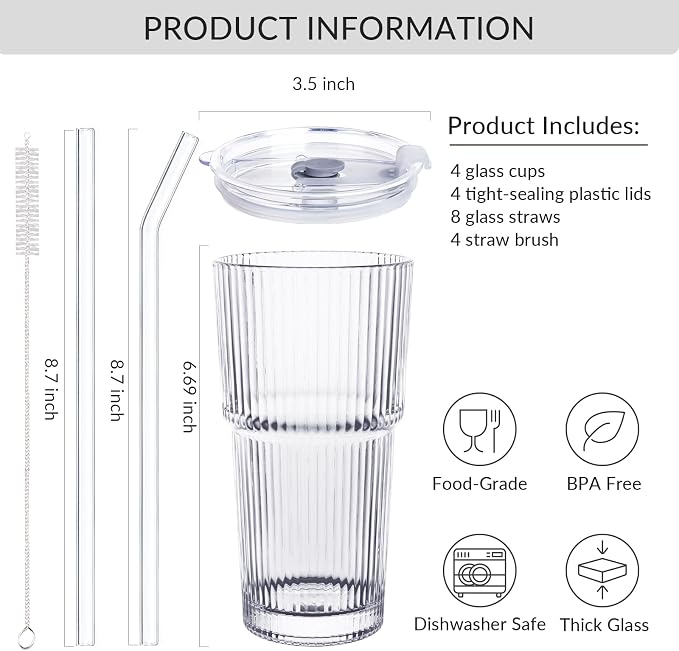 Puraville 4 Pack Glass Cups with Lids and Straws, 20oz, Ribbed Pattern | Reusable Thick Iced Coffee Tumblers for Juice Cold Drinks, Leak Proof Glassware for Summer - Image 2