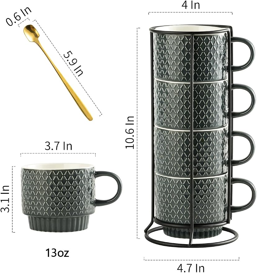 Gomakren Coffee Mugs Set of 4, 13oz Stackable Coffee Cup with Stand, Grey | Stackable Space-Saving, with 4 Spoons | Textured Grey Grid Stoneware Dishwasher Safe, for Coffee Milk Tea Cocoa & Gifting Use - Image 4