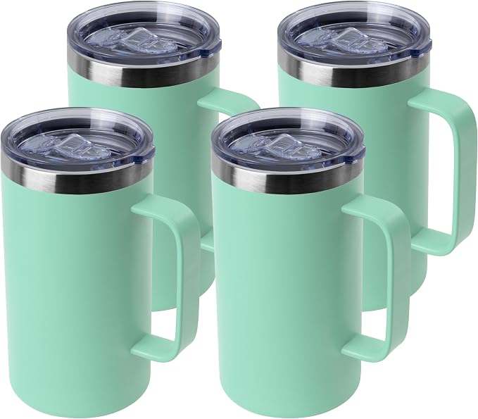 DOMICARE 24oz Mug with Handle and Lid, Stainless Steel Coffee Mug, Travel Mug with Handle, Double Wall Vacuum Coffee Tumbler, Reusable Insulated Cup, Mint Green, Pack 4 by VisittheDOMICARE