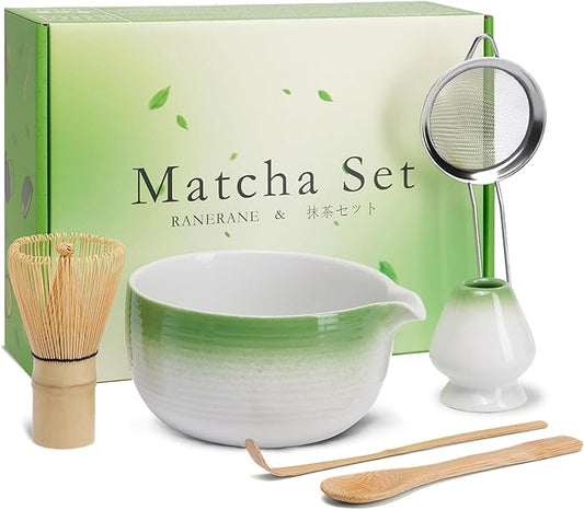 Matcha Set: Matcha Bowl with Spout, Whisk, Whisk Holder, Bamboo Spoon & Scoop - 6 Pcs, Green, Bamboo