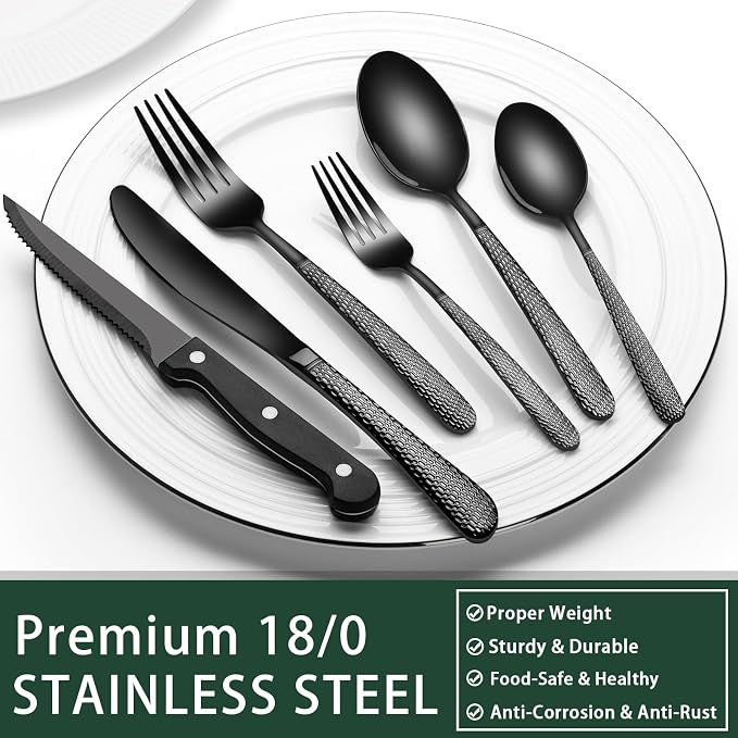 EWFEN 24-Piece Black Silverware Set with Steak Knives, Black Flatware Set for 4, Food-Grade Stainless Steel Tableware Cutlery Set, Mirror Finished Utensil Sets for Home Restaurant, Round Hammered - Image 5