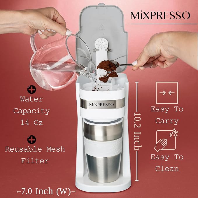 Mixpresso Single Serve & Single Cup Coffee Maker with 14oz Travel Mug White | For ground coffee only, reusable filter, auto shut off. Compact personal drip coffee maker, not compatible with K-Cup pods. - Image 3
