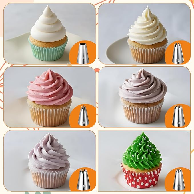 6Pcs Large Piping Tips Set, Stainless Steel Cake Decorating Tips, Piping Nozzles Decorating Tip Frosting Icing Tip For Buttercream, Icing, Birthday Cake and Decorating(1M，6B，195，853，1A，D42)